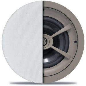 Round beige wall speaker with a white perforated grille on half, exposing the woofer and mounting frame.
