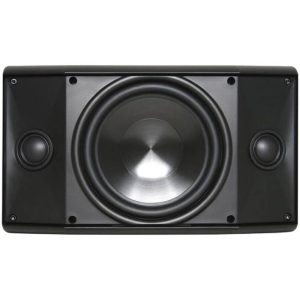 Black rectangular speaker with a large central woofer and two smaller side drivers.