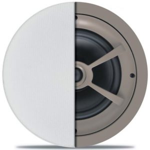 Round ceiling speaker with white perforated grille on left and exposed woofer on right