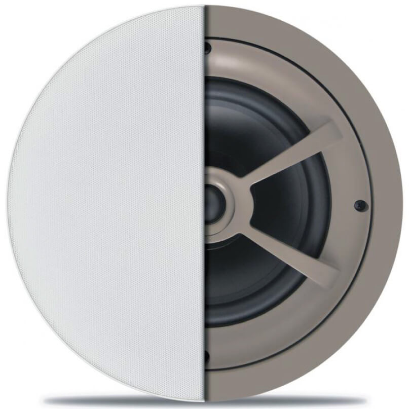 Proficient C791 In-Ceiling Speaker Round ceiling speaker with white perforated grille on left and exposed woofer on right