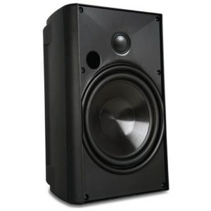 Black loudspeaker with a large silver woofer, a small tweeter, and a circular front port.