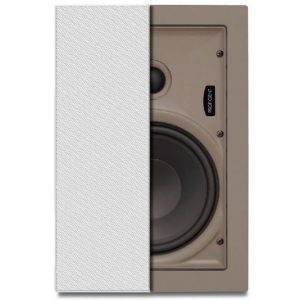 Beige wall speaker with a white textured grille partially removed, exposing a large circular woofer and a small top driver.