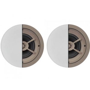 Pair of round in-wall speakers with half-white front panels and beige interior, exposed woofer and mounting frame.