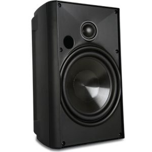 Black front-ported loudspeaker with a large woofer and a small tweeter.
