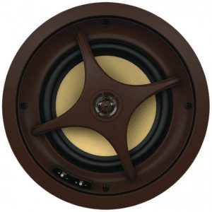 Round brown ceiling speaker with beige cone and three-spoke brown grille, small control panel visible.