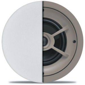 Round ceiling speaker with white perforated grille half removed, beige housing, and exposed driver.