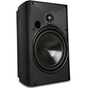 Black studio monitor speaker with a large woofer and small tweeter, mounted in a curved front cabinet.