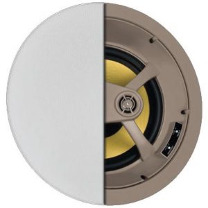 Round in-ceiling speaker with beige housing and removable white grille, yellow cone woofer and visible mounting hardware.