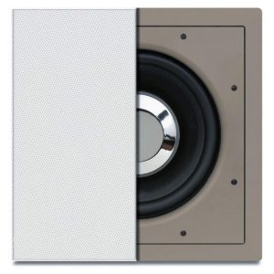 Beige speaker cabinet with a partially opened white perforated grille revealing a round silver-rimmed woofer