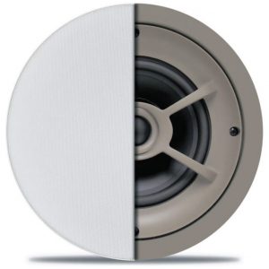 Round speaker with left white perforated grille and right beige exposed driver.