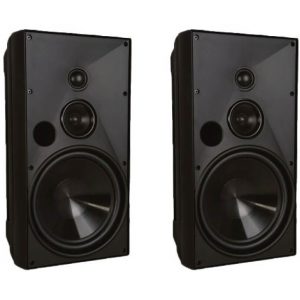 Pair of black three-way loudspeakers with front-panel large woofer, midrange, and tweeter drivers.