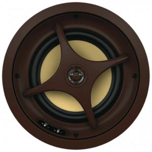 Brown circular loudspeaker with beige cone and three-spoke star-shaped mounting frame.