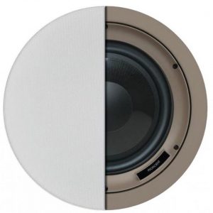 Round speaker with a white perforated grille half-covering a beige metal frame and a black woofer.