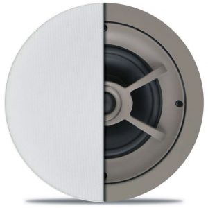Round in-ceiling speaker with white perforated grille, half exposed to reveal the driver and mounting frame.