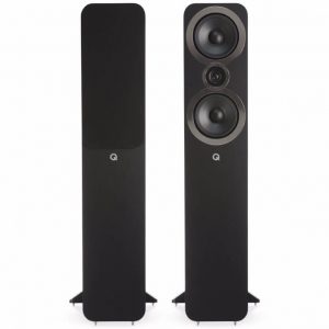 Q Acoustics 3050i floorstanding speaker in black with two large drivers and a central tweeter.
