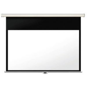 Wall-mounted manual pull-down projector screen with black border and silver bottom bar.