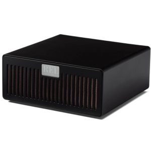 REL subwoofer with black enclosure and copper-toned vertical vented grille on the front.
