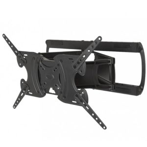 Black universal adjustable TV wall mount with articulating arms and multiple VESA mounting holes.