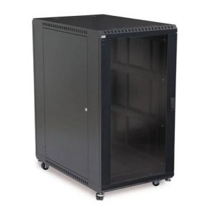 Black server rack cabinet with a glass front door on caster wheels.