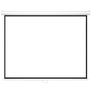 Pull-down projection screen with white surface, black border, ceiling-mounted roller.