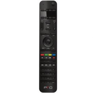 Black universal remote control featuring a circular navigation pad, LCD display, color-coded buttons, and a pro logo at the bottom