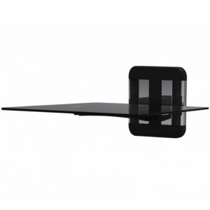 A wall-mounted black glass shelf with a rounded back support.