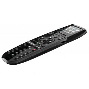 Logitech Harmony universal remote with color touchscreen and extensive button layout.