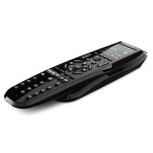 Black handheld universal remote control with numeric keypad, circular navigation dial, and color display.