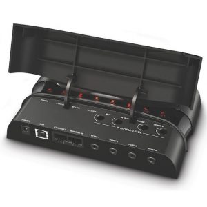 IR remote control extender hub with multiple IR outputs and USB and Ethernet ports.