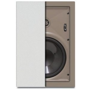 In-wall speaker with a partially opened white perforated grille and visible large woofer in a tan enclosure.