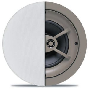 Round ceiling speaker with white perforated grille half removed, exposing driver and mounting frame.