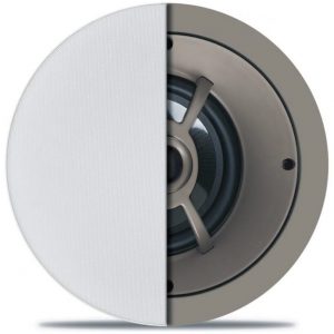 Round ceiling speaker with half white perforated grille and half exposed driver.