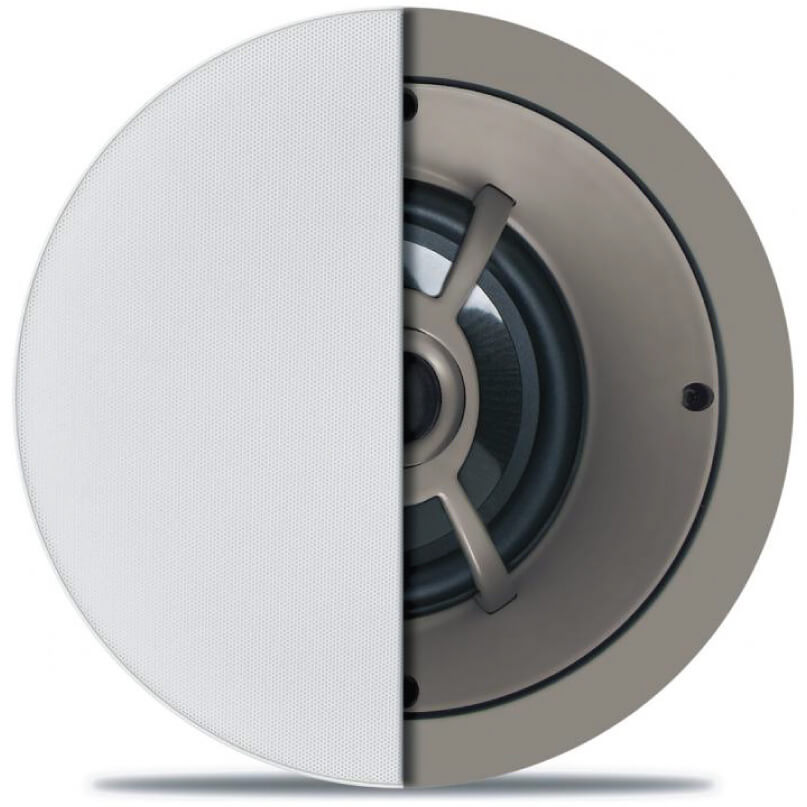 Proficient C656 Ceiling Lcr Speaker Round ceiling speaker with half white perforated grille and half exposed driver.