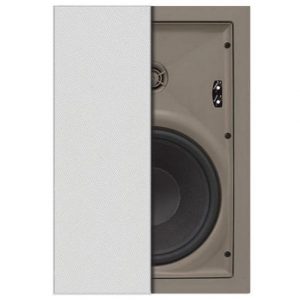 Beige wall-mounted loudspeaker with a large woofer, partially obscured by a white front grille.