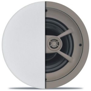 Round ceiling speaker with white perforated grille, half exposed showing woofer and central mounting hub.