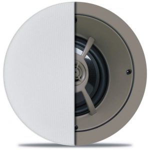Round ceiling speaker with white perforated grille and beige enclosure, exposing the driver.
