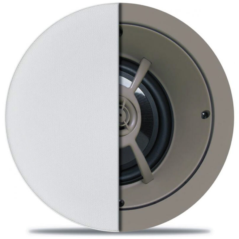 Proficient C661 Ceiling Lcr Speaker Round ceiling speaker with white perforated grille and beige enclosure, exposing the driver.