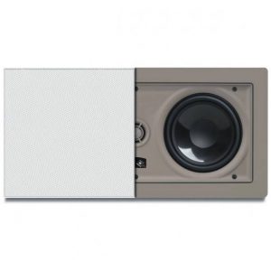 In-wall speaker with a sliding white perforated grille exposed to reveal a round woofer in a beige enclosure.