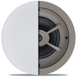 Round in-ceiling speaker with white perforated grille and exposed woofer.