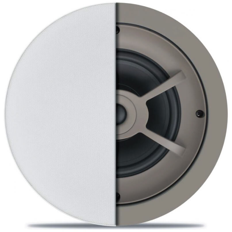 Proficient C606 Ceiling Speaker Round in-ceiling speaker with white perforated grille and exposed woofer.