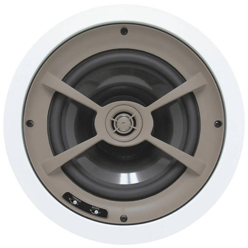 Proficient C606 Ceiling Speaker Round in-ceiling speaker with white bezel and beige mounting, featuring central driver and bass/frequency adjustment panel.