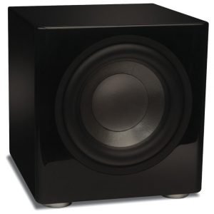 Black subwoofer with glossy cabinet, large circular front driver, and silver feet; compact cube-shaped design.