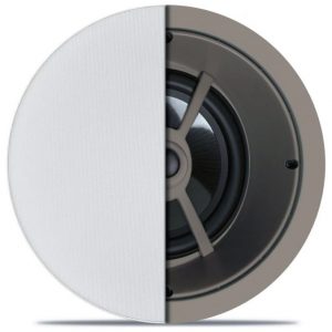 Round ceiling speaker with white perforated grille half and exposed driver.