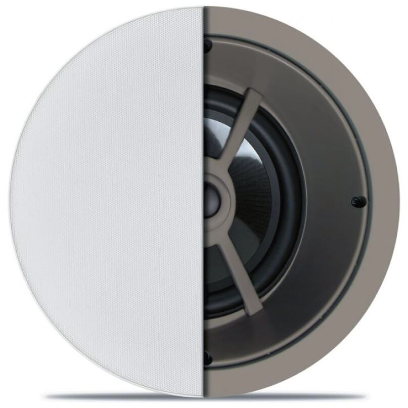 Proficient C841 Ceiling Lcr Speaker Round ceiling speaker with white perforated grille half and exposed driver.