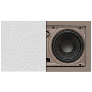 Beige built-in speaker with a sliding white perforated grille exposing a round woofer.