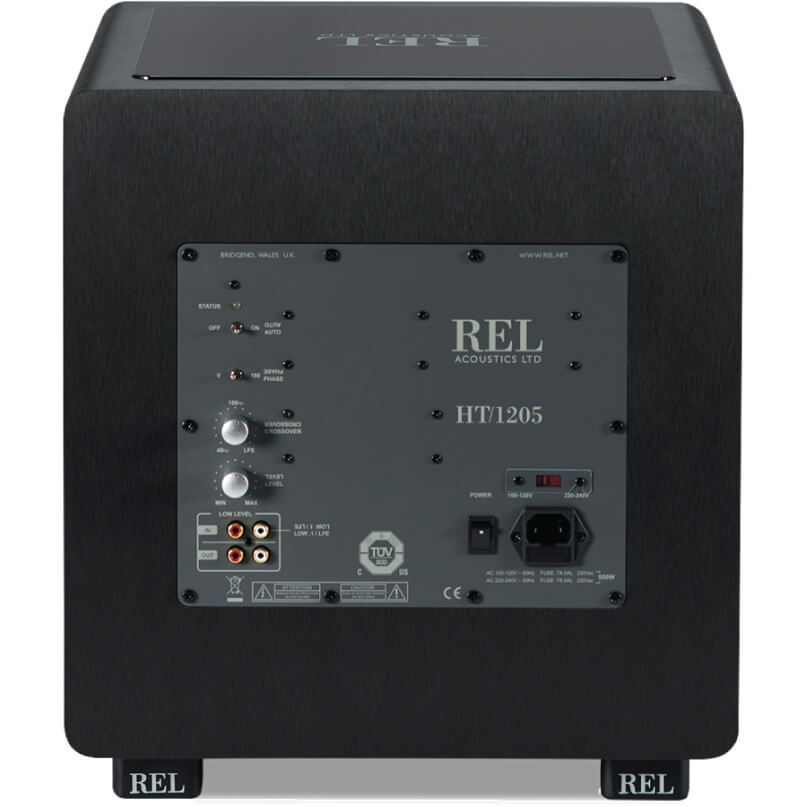 Rel Ht/1205 Rel ht/1205 subwoofer with black textured cabinet, rear panel controls, power input, and connection jacks.