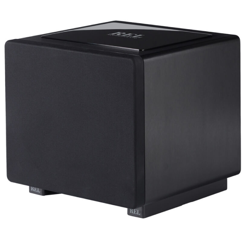 Rel Ht/1508 Rel black cube subwoofer with square top panel and feet labeled rel.