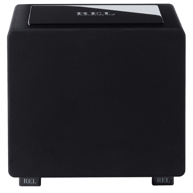 Rel Ht/1508 Rel acoustics compact black subwoofer cube with glossy top panel and visible rel logo.