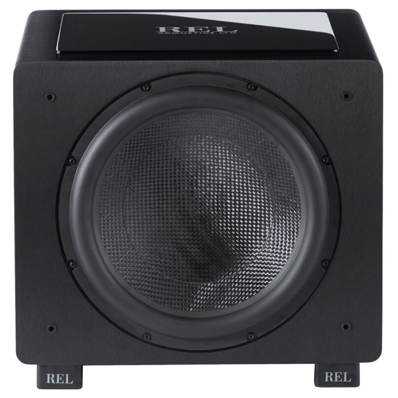 Rel Ht/1508 Rel acoustics subwoofer, black rectangular cabinet with a large circular front woofer and glossy top panel.