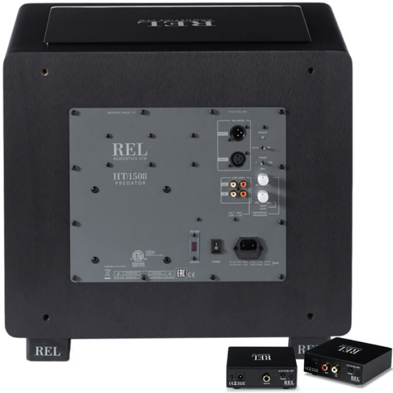 Rel Ht/1508 Rel acoustics ht/1508 predator subwoofer, black cabinet with gray rear panel featuring xlr and rca inputs and power connector.